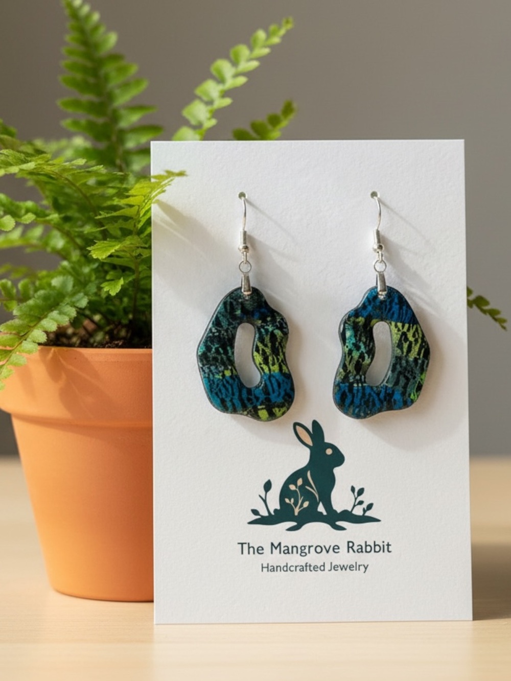 Handmade Blue Green Metallic Polymer Clay Dangle Earrings Stainless Steel Wires